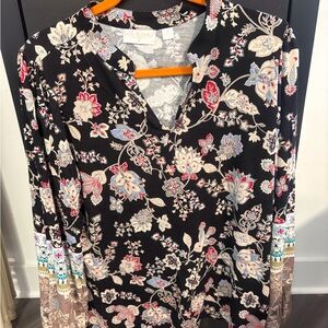 Belle by Kim Gravel Floral V-Neck Top - Black and Multicolor